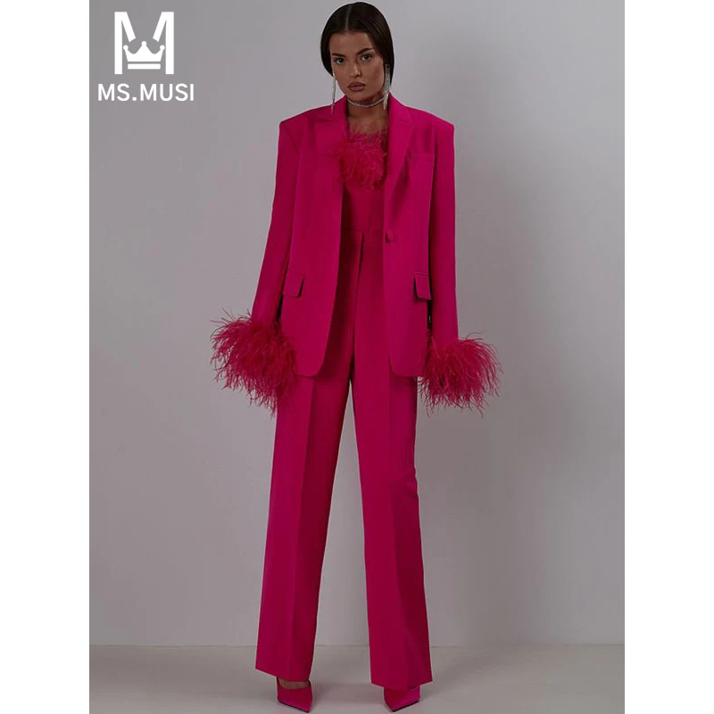 

MSMUSI 2024 New Fashion Women Sexy Two Piece Set Bodycon Party Turn Down Collar Feather Blazer Top Long Pencil Pant Set Suit