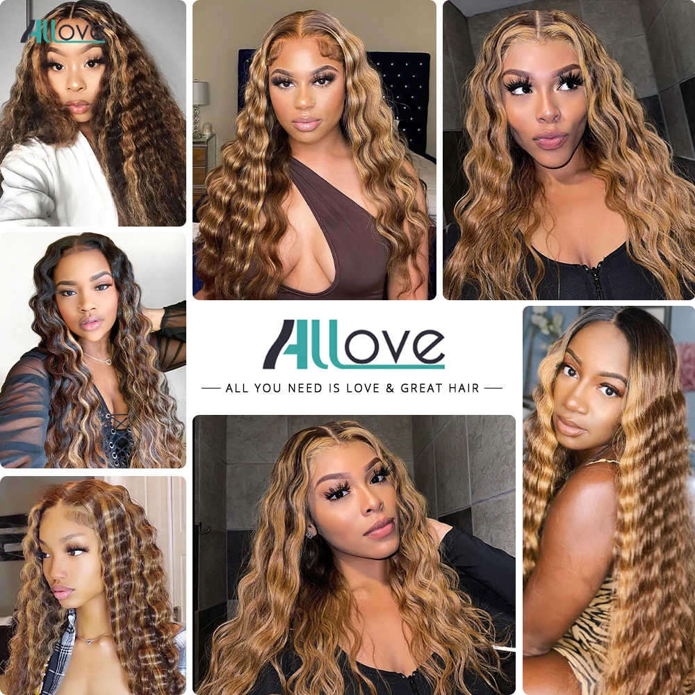 Allove 13x4 13x6 Loose Deep Wave Highlight Wig Human Hair Transparent Lace Front Wigs For Women Brazilian Honey Blonde Wigs