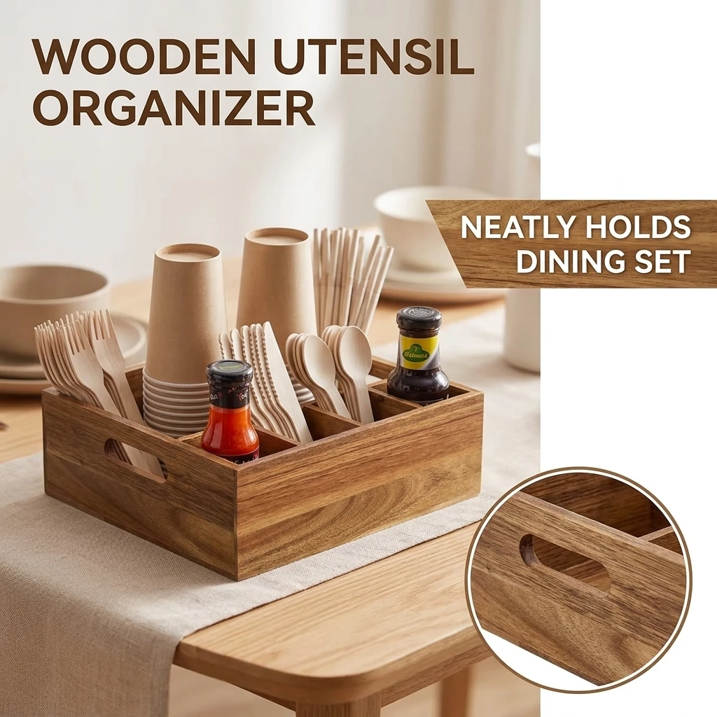 Natural Wood Silverware Caddy Large Capacity Utensil Holder for Kitchen Countertop Dining Table Condiment Storage Box Durable