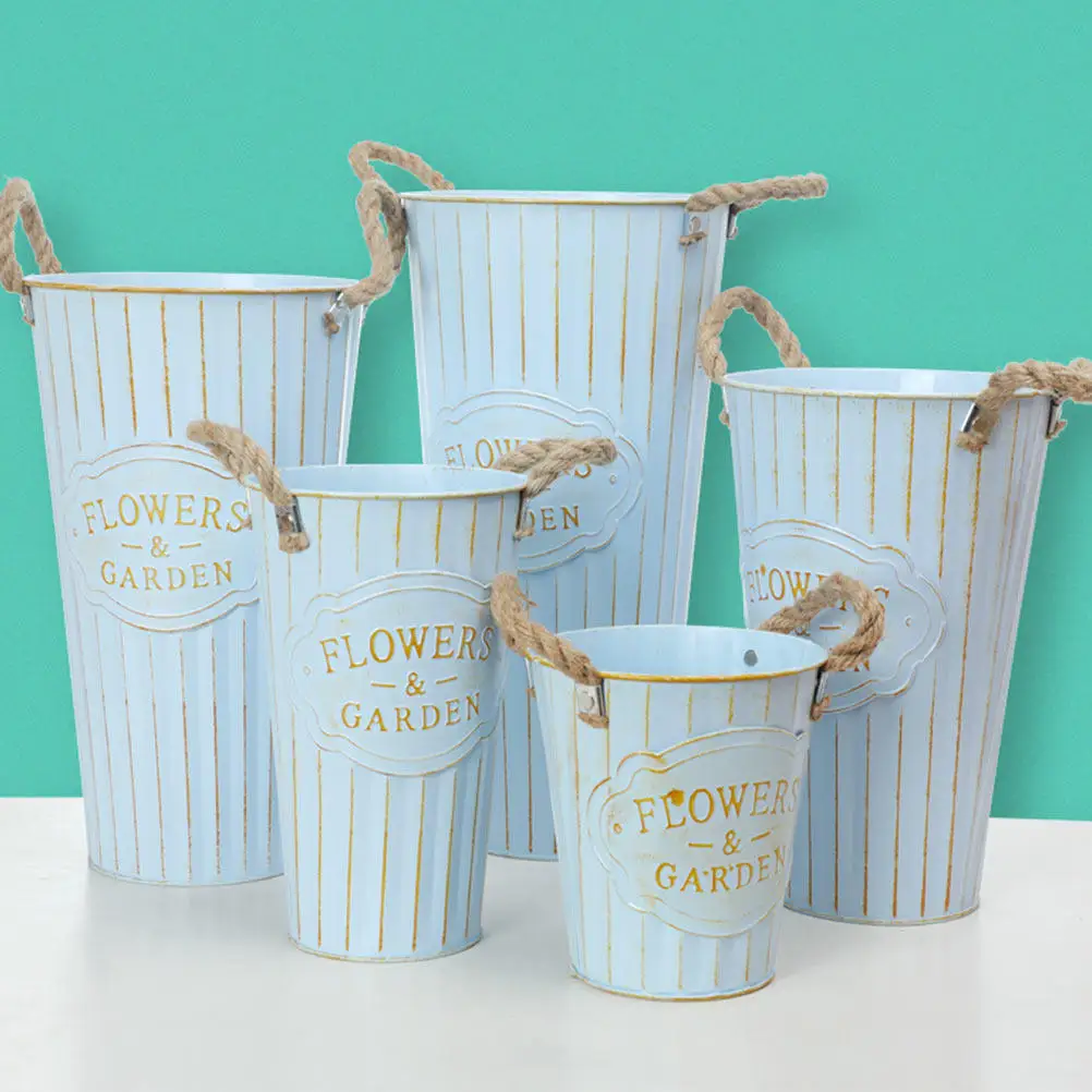 Iron Dried Flower Bucket Hemp Rope Flowerpot Retro Metal Bucket Home Office Garden Desktop Decoration 25Cm
