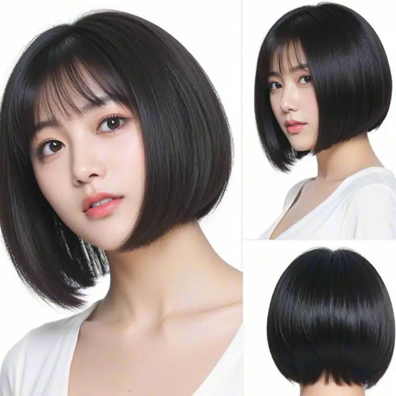 100% Density Short Straight  Bob Cut Wig with Bangs - Heat Resistant,  Synthetic Hair, Party and Music Festival Wig for Women