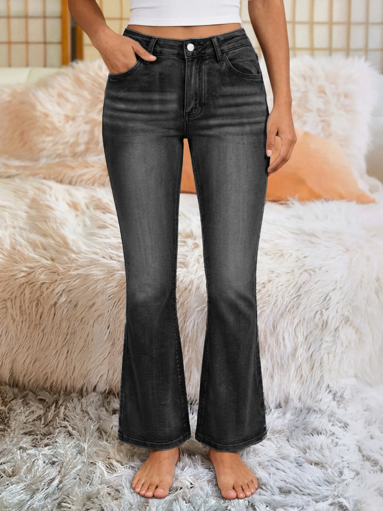 Women High Waist Bootcut Jeans Medium Stretch Stonewashed Faded Black Distressed Retro Flare Denim Pants