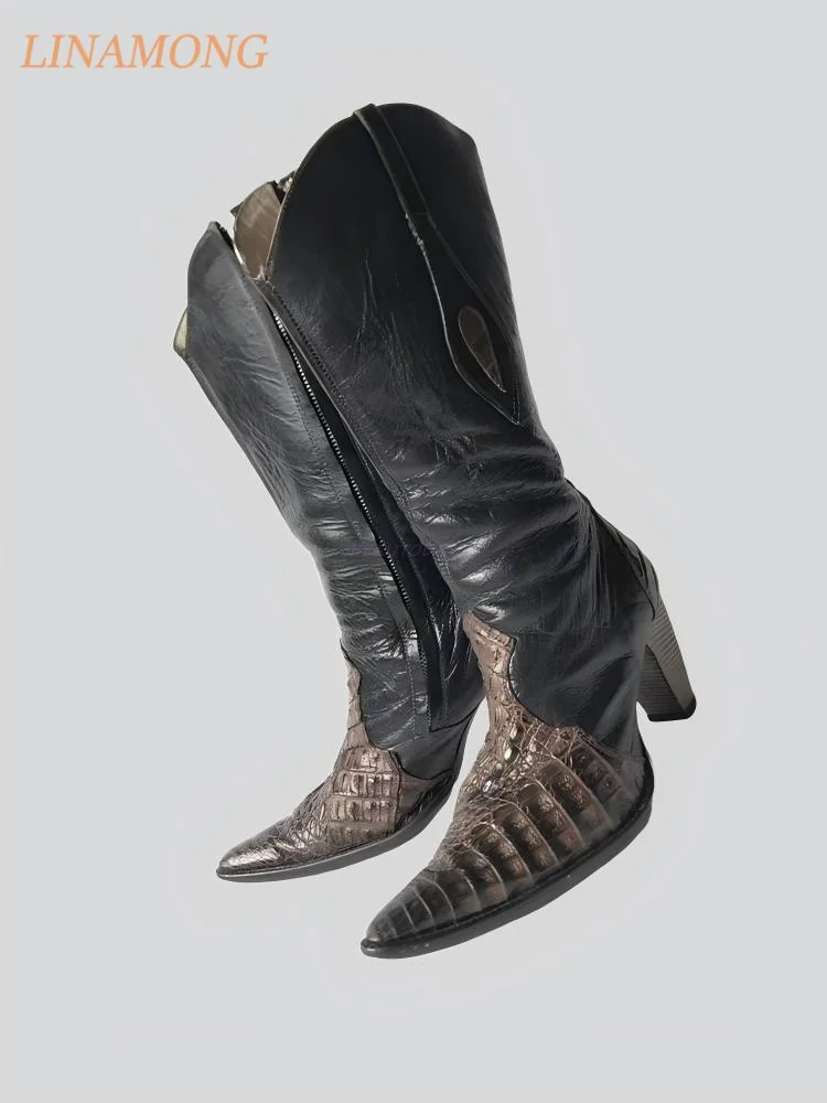 Pull On Mid Shaft Cowboy Boots Dual Texture Upper Print Toe Sections Soft Crinkled Leather Shaft Side Cutout Sharp Toe Boots