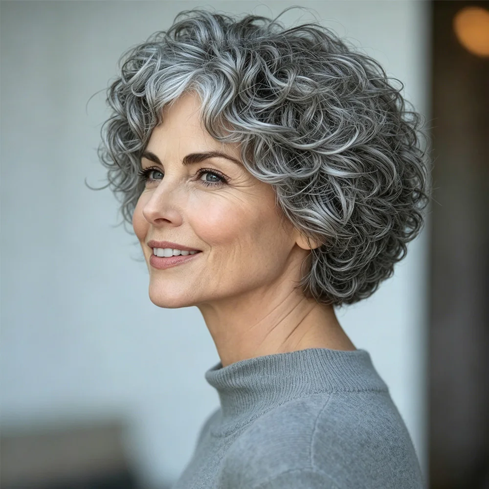 Salt and Pepper Pixie Cut Human Hair Wigs for Women Gray Hair Black Mixed With 60#Color for Daily Use Machine Made