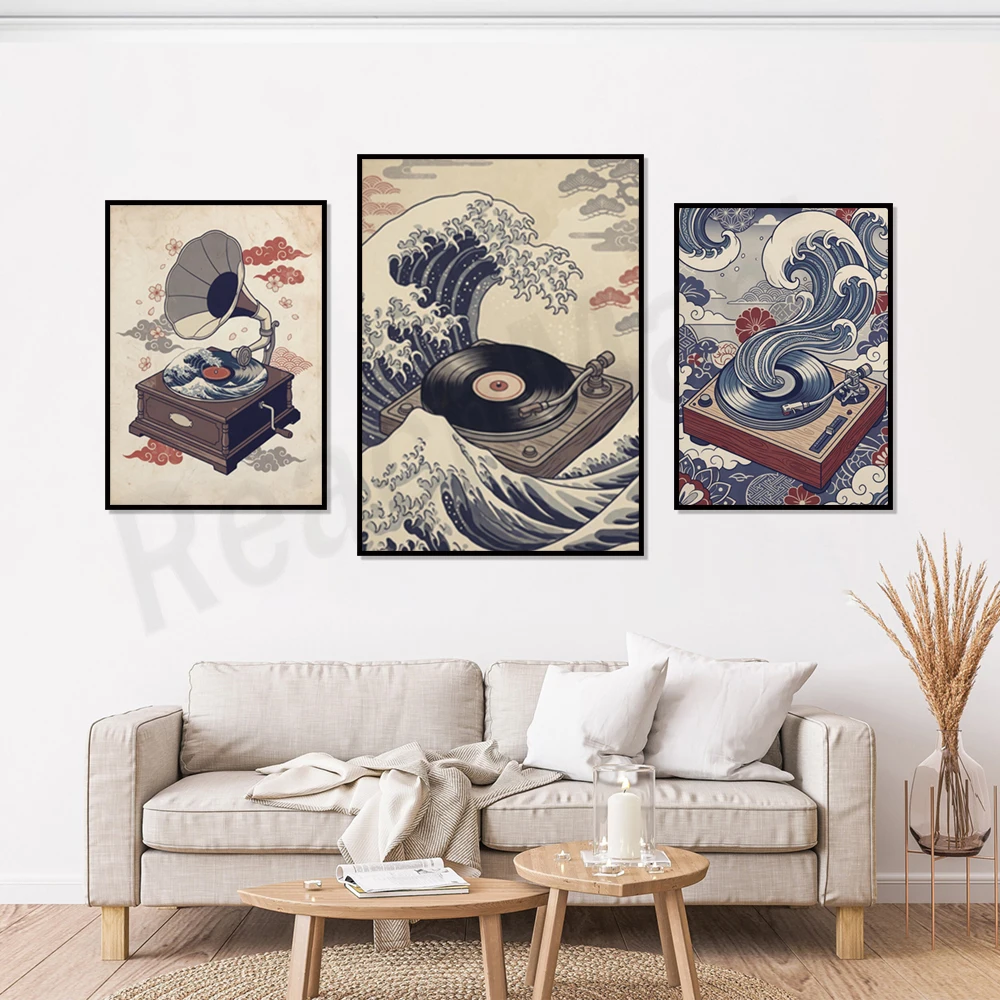 Record player wall decorations, Japanese wave art prints, vintage gramophone art, ukiyo-e style record player design posters