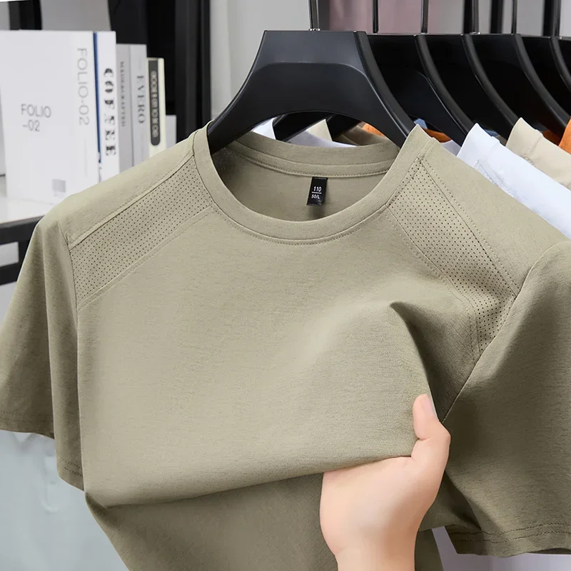 Mens Breathable Panel Crew Neck Short Sleeve T Shirts Casual Tops Lightweight Wrinkle Resistant Summer Wear