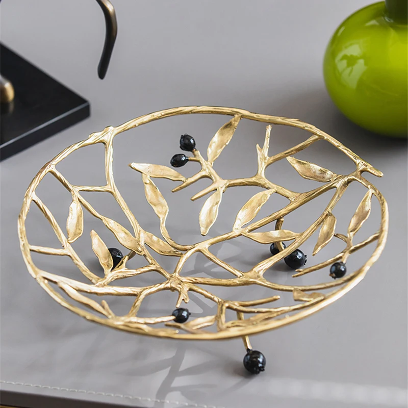 Brass Storage Tray Light Luxury High-legged Fruit Plate for Livingroom Ornaments Hollow Olive Branch Tray Home Decor Storager