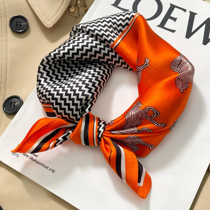 Luxury Brand Orange Horse Print Square Scarf for Women Breathable Warm Polyester Silk-Like Feel Shawl Fashion Hairbands