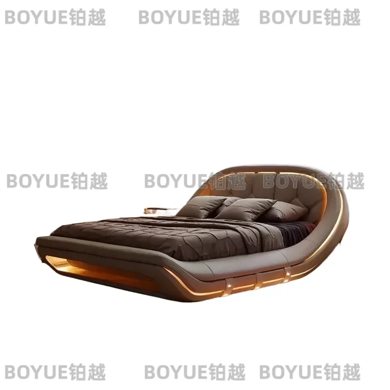Italian Minimalist Leather Bed Frame Modern Light Luxury Double Bed for Master Bedroom Simple Upholstered Platform with