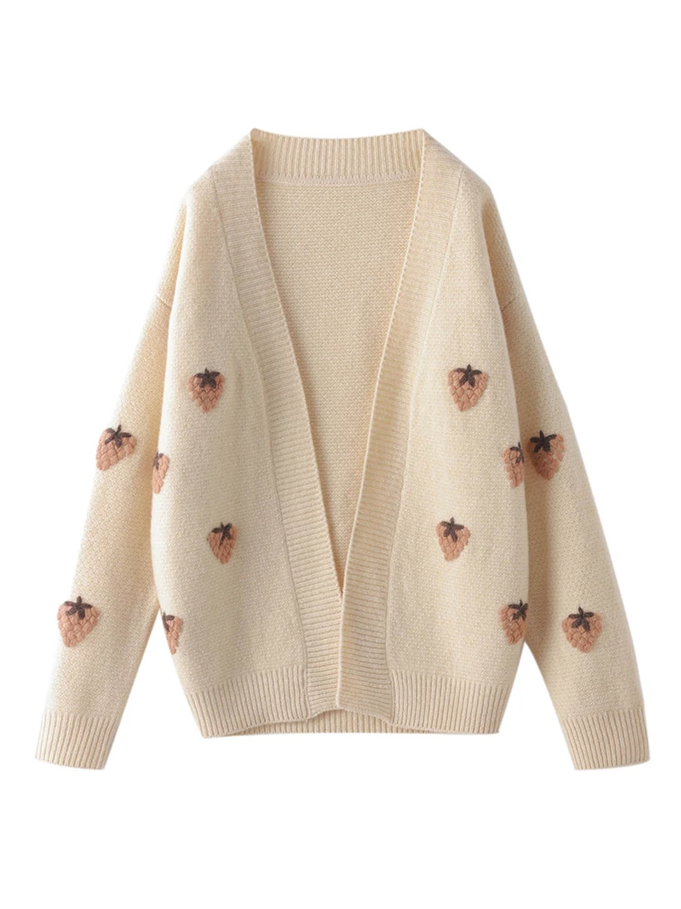 

Women Autumn Winter V-neck Strawberry Cashmere Sweater Basic Casual Pretty Loose Wool Cardigan 100% Merino Wool Knitwear Top