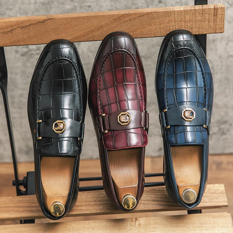 Black Men Loafers Shoes Crocodile Pattern Men Dress Sheos Round Toe Wedding Men Shoes New large size 47 Zapatos De Vestir Hombre