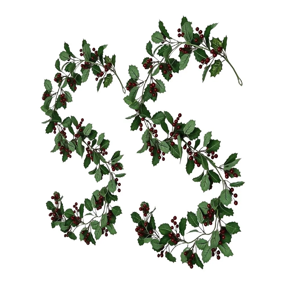 Set Of 2 Flexible Christmas Holly Berry Garlands 68.9 Inch Artificial Red Fruit Vine For Home Mantel Door Frame Festive Holiday