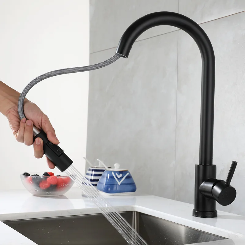 

304 SS Pull-Out Kitchen Faucet, Cold/Hot Mixer, 360° Swivel, High Pressure, Lead-Free, Easy Install - Kitchen Bathroom Sink Tap