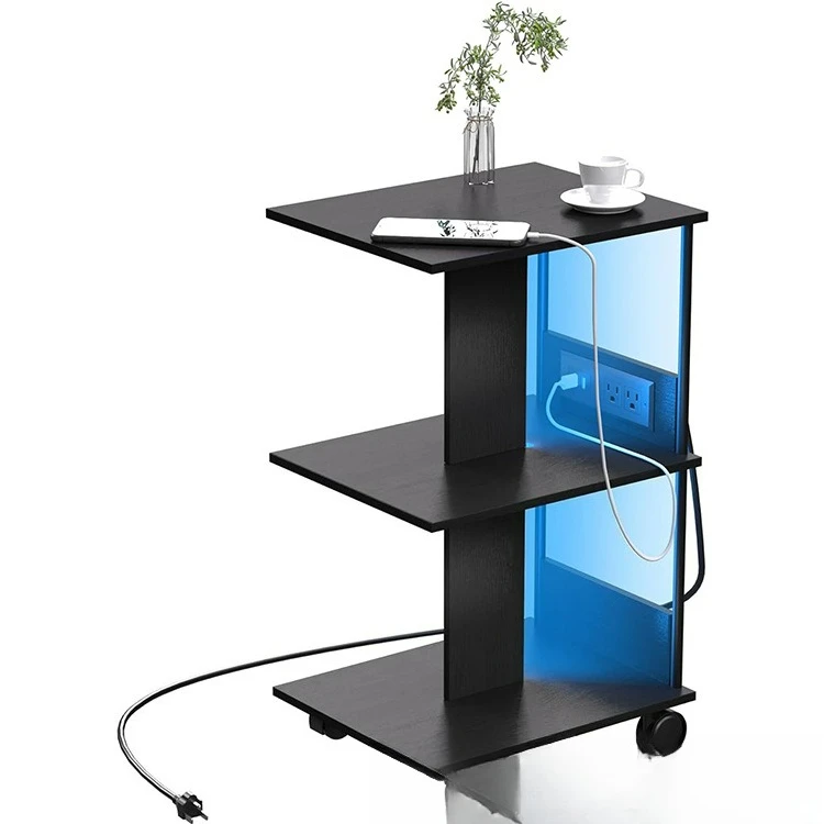 

Side table with charging station and LED lights 3-story removable bedside table, storage rack