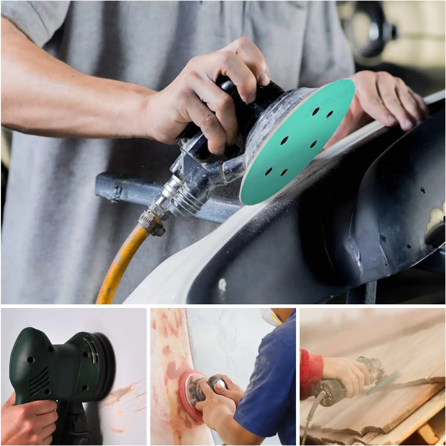 6 Inch 6 Holes Green Film Dustless Wet and Dry Sandpaper Kit 50 Pcs Assortment Grit 60-2000 for Metal Car Boat Polishing
