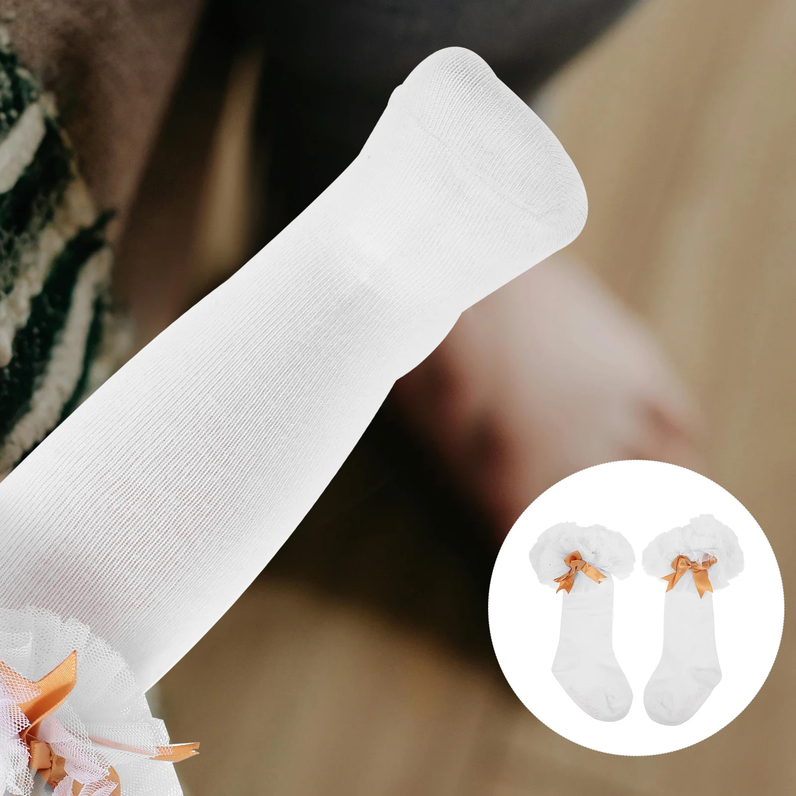 

1 Pair White Cotton Knee Socks For Babies With Adorable Bowknot Fluffy Ruffle Tulle Detail