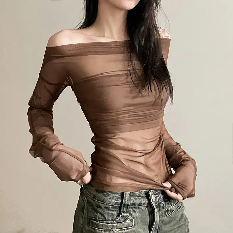 

Women's Autumn Spring Top T-shirt Long Sleeve Straight Shoulder See-through Mesh Solid Color Comfortable Casual Design Fashion