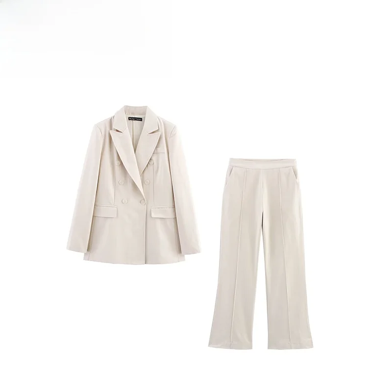 

High Waist Decorative Stitching Women's Faion Design Pants Straight Leg Long Sve Suit Jaet Double Button Closure