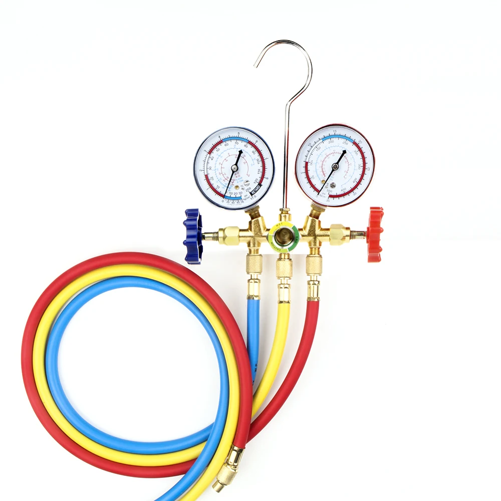 Freon For R12 R22 R404A R134a Air Conditioning Pressure Gauge with Hose and Hook 3 Way AC Diagnostic Manifold Gauge Set