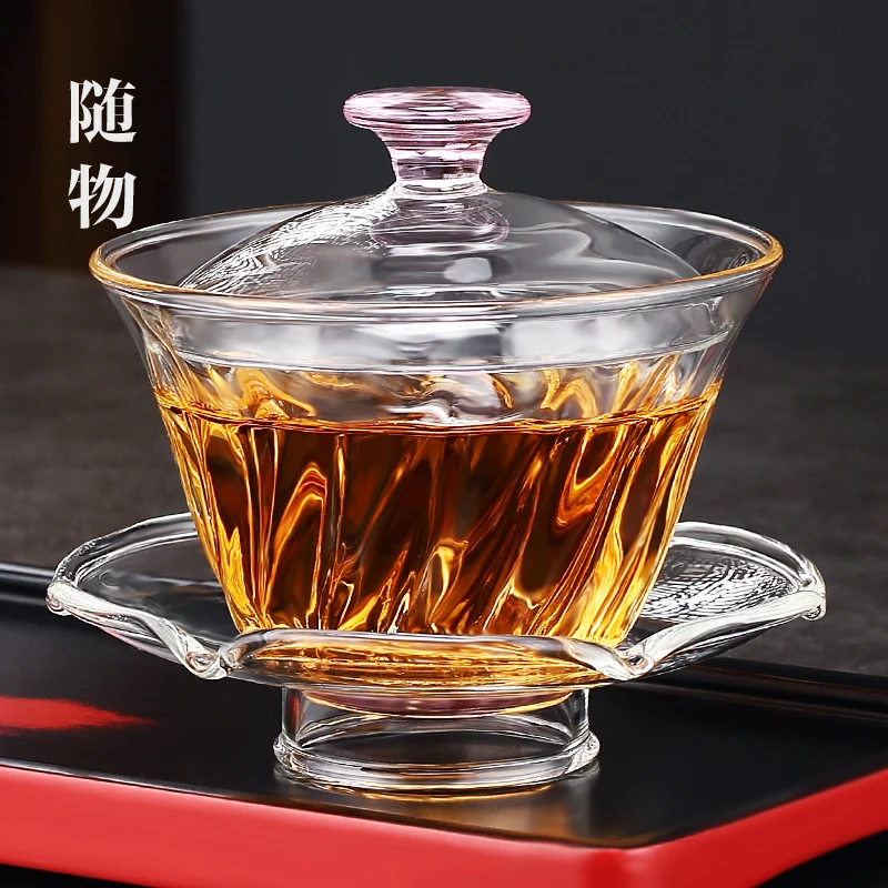 

Thickened HigH-end Sancai Cover NoN Hot Glass, Large HouseHold Kung Fu Cup, Single Set, Tea Bowl