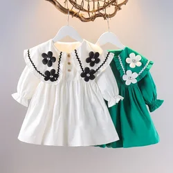 2026 Autumn Spring New Style Newborn Girls Long Sleeve Dress Cute Solid Color Flower Baby Princess Dress Infant Kids Clothing