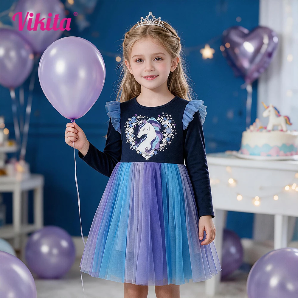 VIKITA 2026 Kinderkleidung Mädchen Herbst Frühling Langarm Rosa Kleid Kinder Herzförmiges Tüll-Prinzessinnenkleid für Partys mit Sternenmuster
