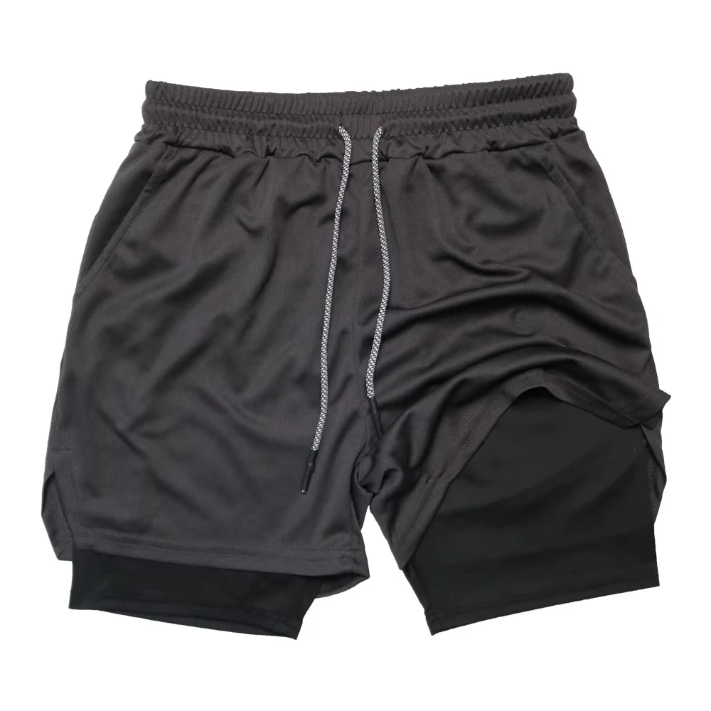 2026Men's Double Layer Fitness Shorts Men Fitness Gym Training 2 in 1 Sports Shorts Quick Dry Workout Jogging Double Deck Summer