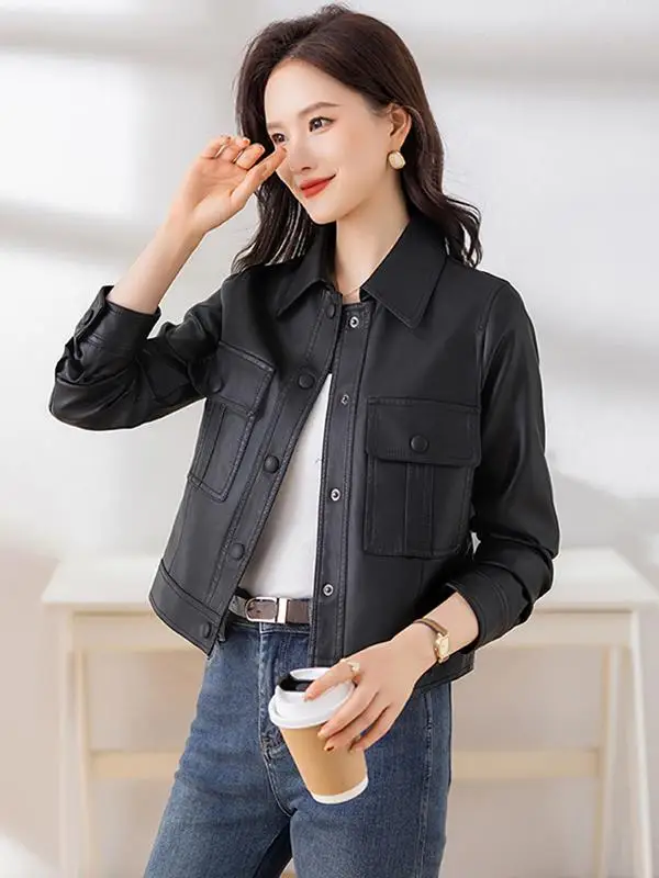 Veste en cuir moulante pour femme Haining, en peau de mouton, décontractée, manteau d'extérieur amincissant, nouvelle collection automne-hiver, grande taille