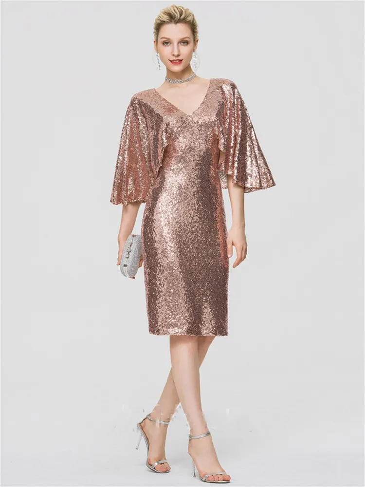 

Sheath/Column V-neck Knee-Length Sequined Cocktail Dress Formal Dresses Wedding Half Sleeve Sequined Shiny And Dazzling