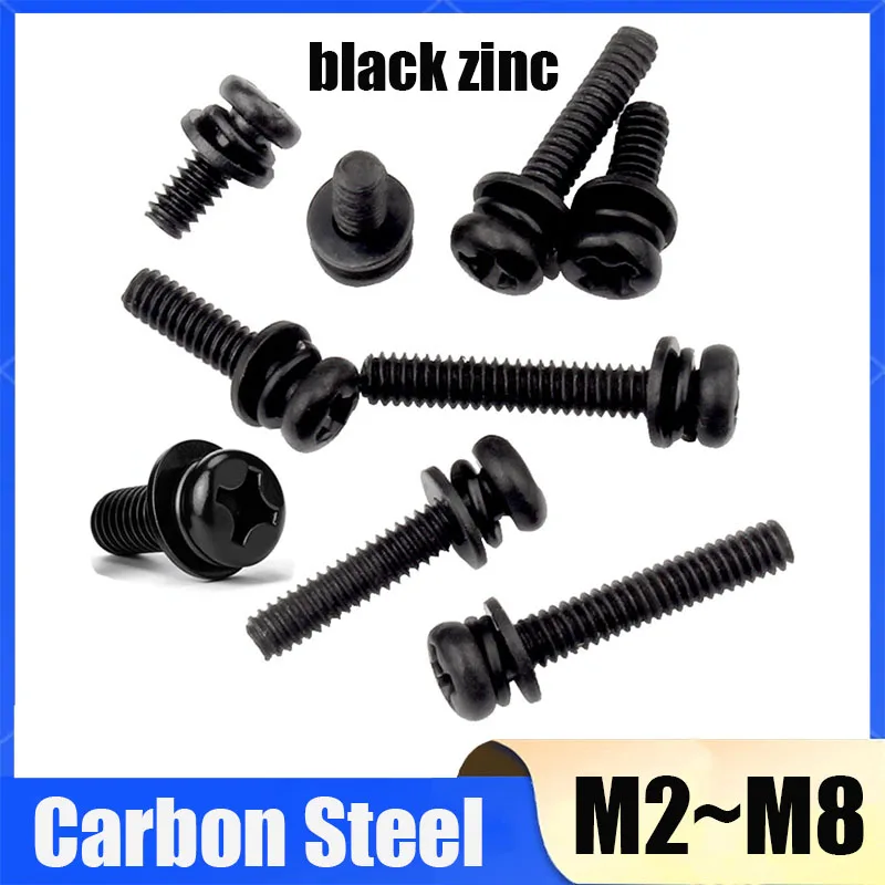 2~50Pcs Black Zinc Plated Phillips Round Head Screws M2 M2.5 M3 M4 M5 M6 M8 With Flat Washers Spring Washers Pan Head Screws