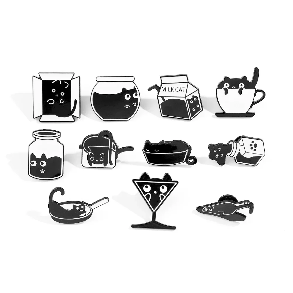 

11 Pcs Cartoon Bottle Cat Brooch Cute Black Ink Cat Enamel Pin Fashion Cann Animal Metal Badge Backpack Clothing Jewelry