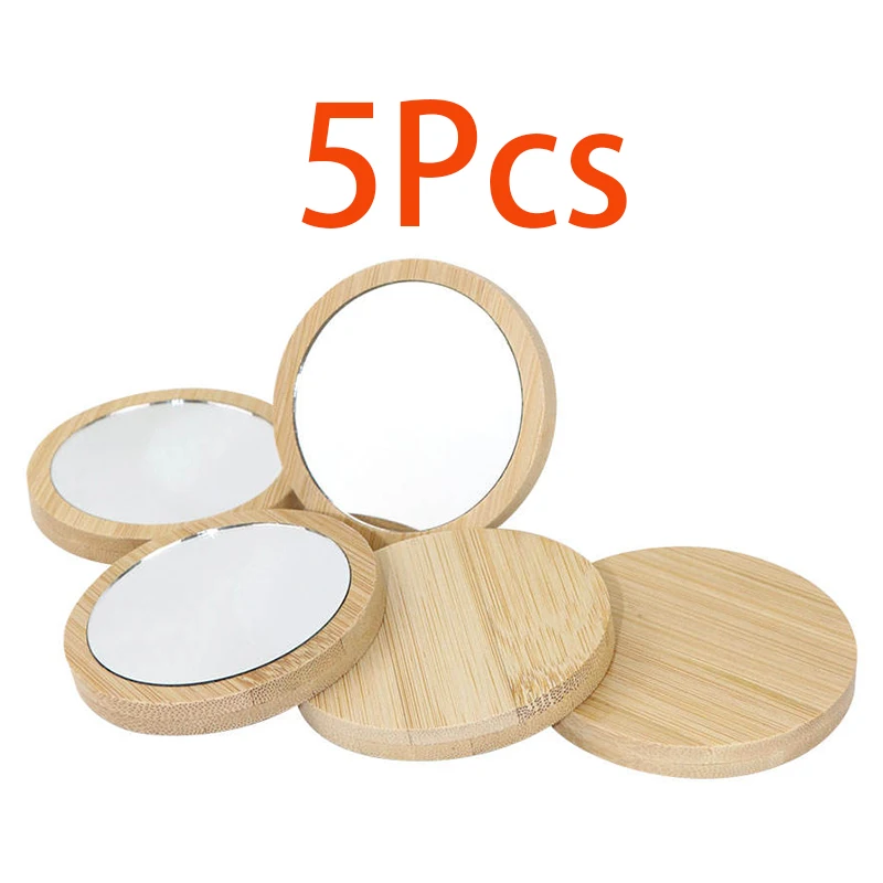 5Pcs Bamboo Makeup Mirrors Round Hand Mirror Compact Cosmetic Mirror Desktop Pocket Mirrors Small Wood Handheld Mirrors