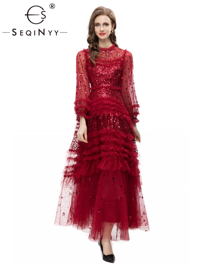 SEQINYY Elegant Long Dress Summer Spring New Fashion Design Women Runway High Quality Party Ruffles Sequined Mesh Ruffles