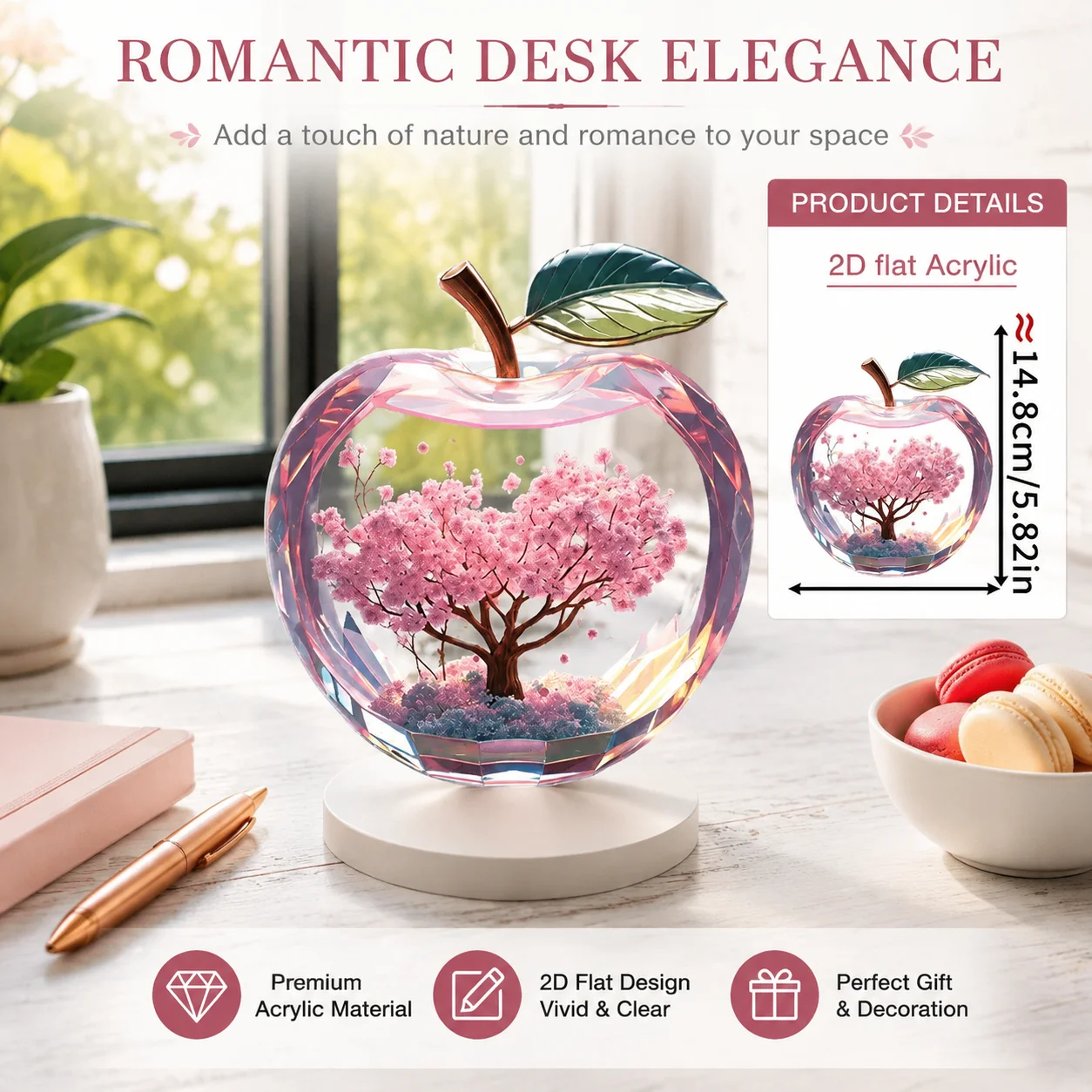 2D Flat Acrylic Romantic Pink Cherry Blossom Apple Shaped Home Office Desk Decoration Modern Simple Couple Fashion Popular Gift