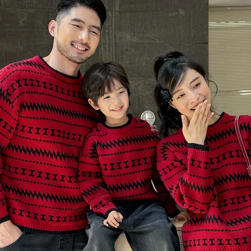 New Year Family Red Christmas Sweater Winter Parent-child Knitted Long Sleeve Jumper Mother Father Son Daughter Matching Clothes