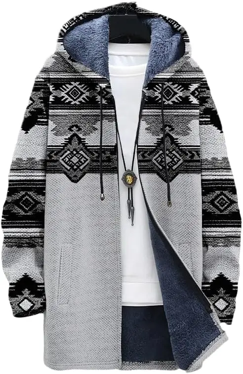 Men's Aztec Jacket Cardigan Western Cowboy Hoodies Fleece Lined Full Zipper Cable Knit Lined Sweater Coats 01