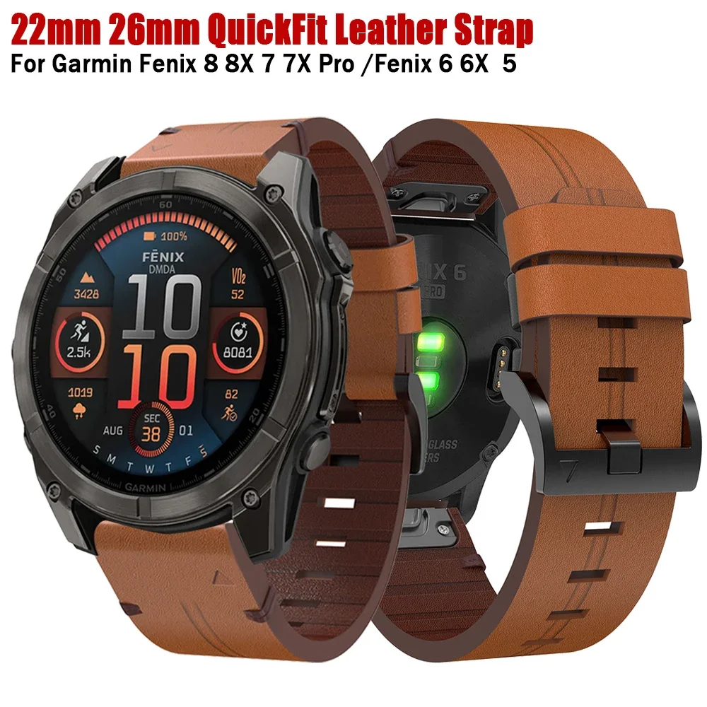 

22 26mm QuickFit Leather Strap For Garmin Fenix 8 8X 7 7X Pro 6 6X plus 5 X 3HR/Enduro2/Epix Gen 2/Instinct 2X 965 Band Bracelet