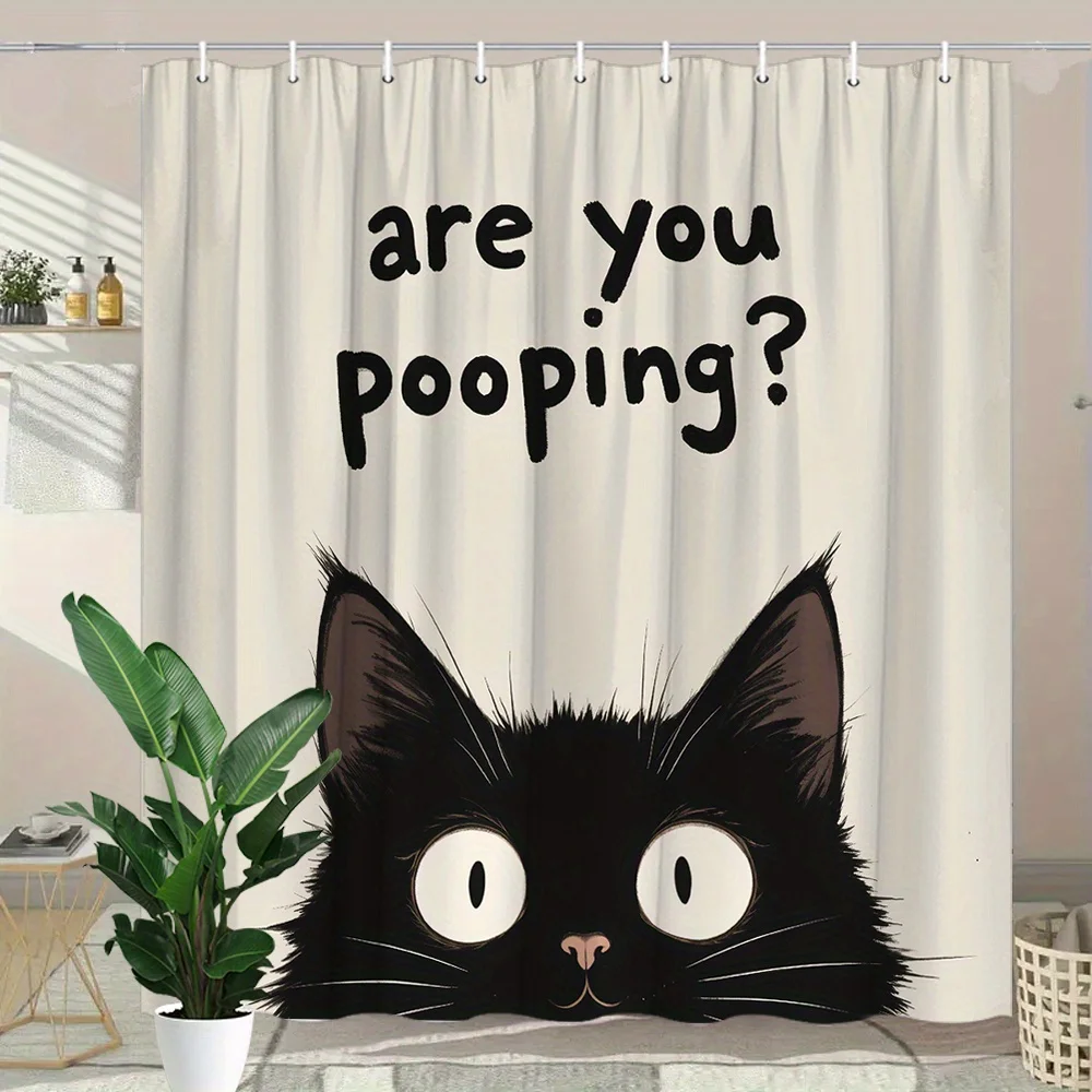 1pc Humorous Black Cat Pooping Shower Curtain - Large Eyes, Modern Design, Washable Polyester, Cat Lover Gifts