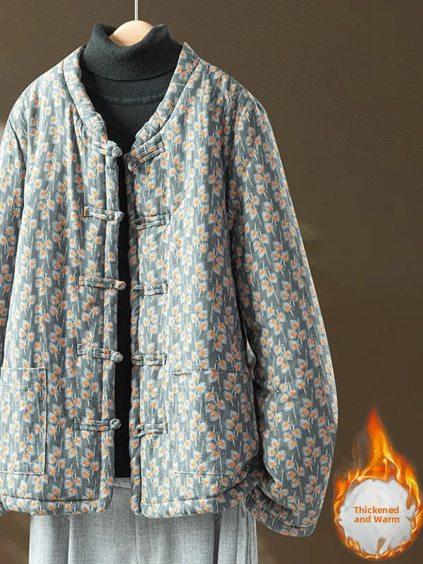 

Retro Chinese Sle Thiened Cotton Jaet Women's Winter Coat with Stand Collar Floral Print Linen Blend Comfortable Fit