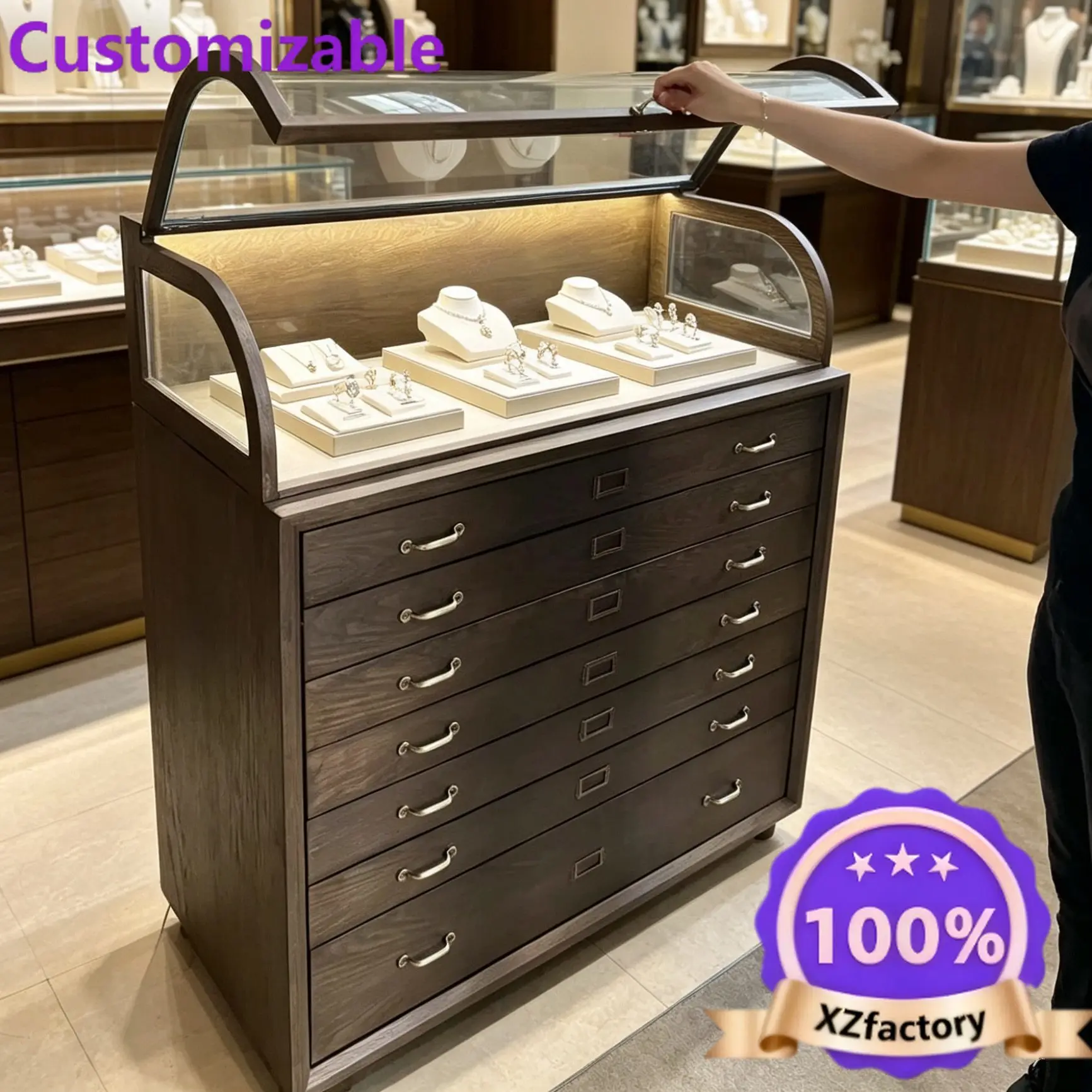 Factory Direct 2026 Optical store retro glass cabinet jewelry display stand jewelry display jadeite jewelry  antique and old