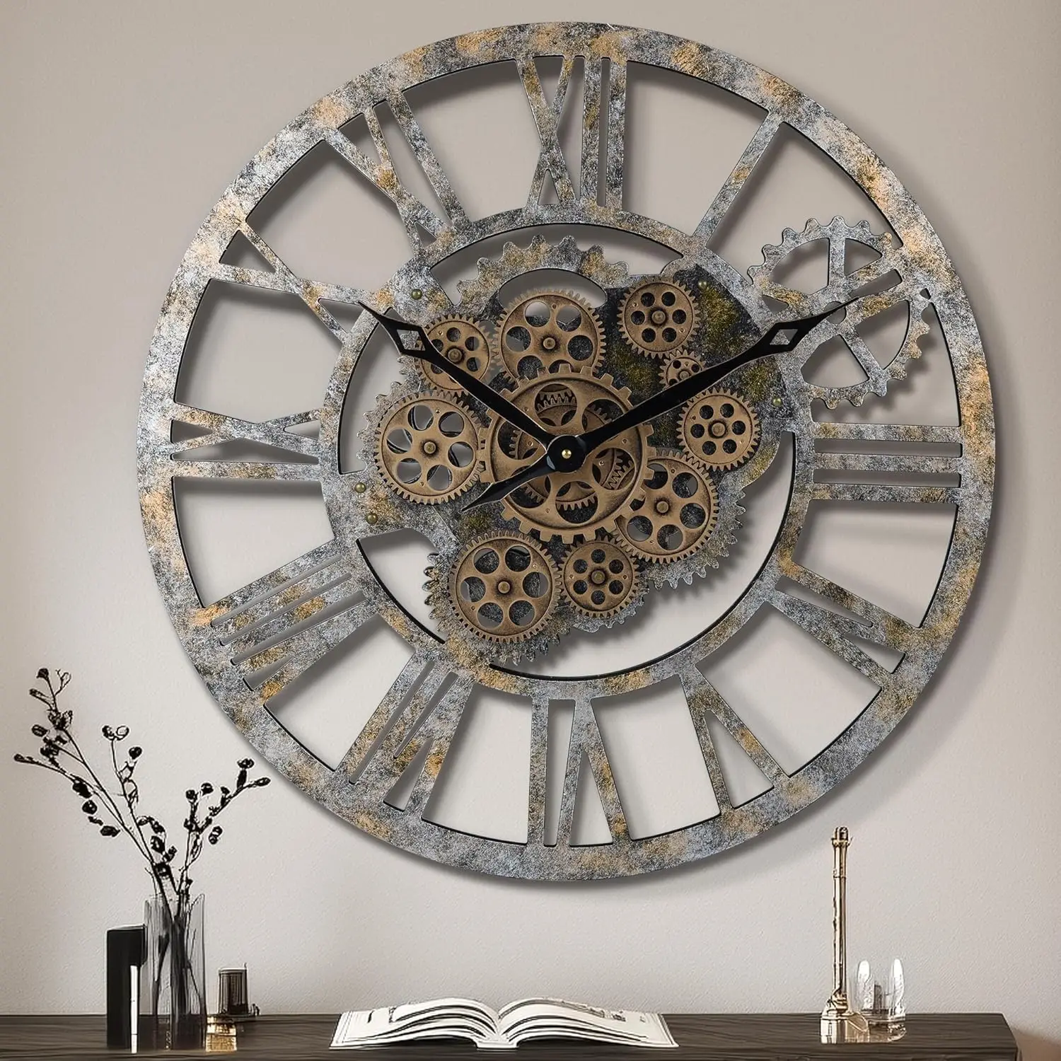 

23 Inch Moving Gear Wall Clock, Steampunk Wooden Large Clock for Living Room Decor