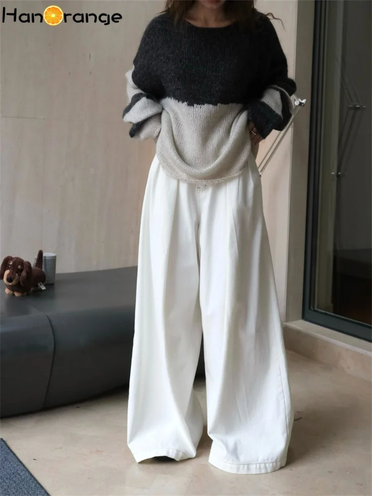 HanOrange 2024 Autumn Fashion Commuter Wide Leg White Jeans Women Loose Leisure Cotton Denim Pants