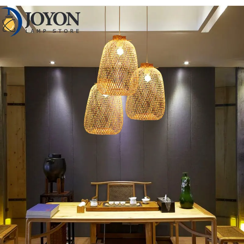 

Hand Knitted Bamboo Pendant Lights LED Handmade Rattan Chandelier Round Straw Hat Lamp Modern Living Room Home Lighting Fixtures