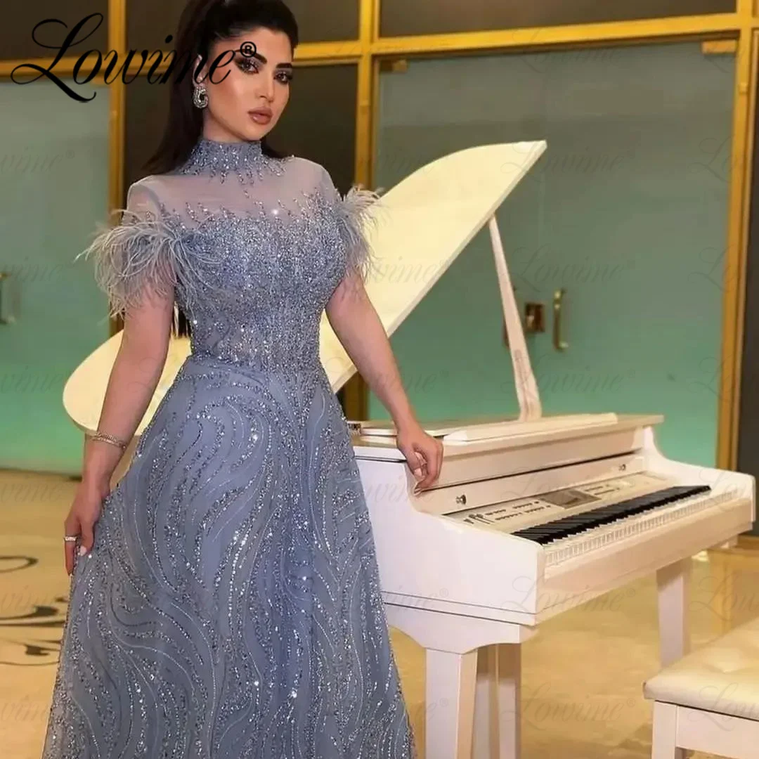 

Arabic Women Evening Dress Formal Custom Made Feathers Aso Ebi Crystals Beaded Prom Dresses A Line Middle East Party Gowns Robe