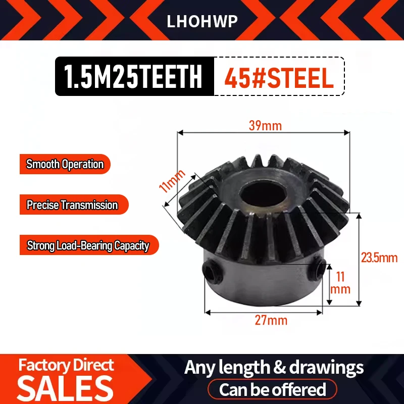 For Servo Motor Speed Reducer 1.5 Module 25 Tooth 90° 45#Steel Conical Gear Bore 8–18mm