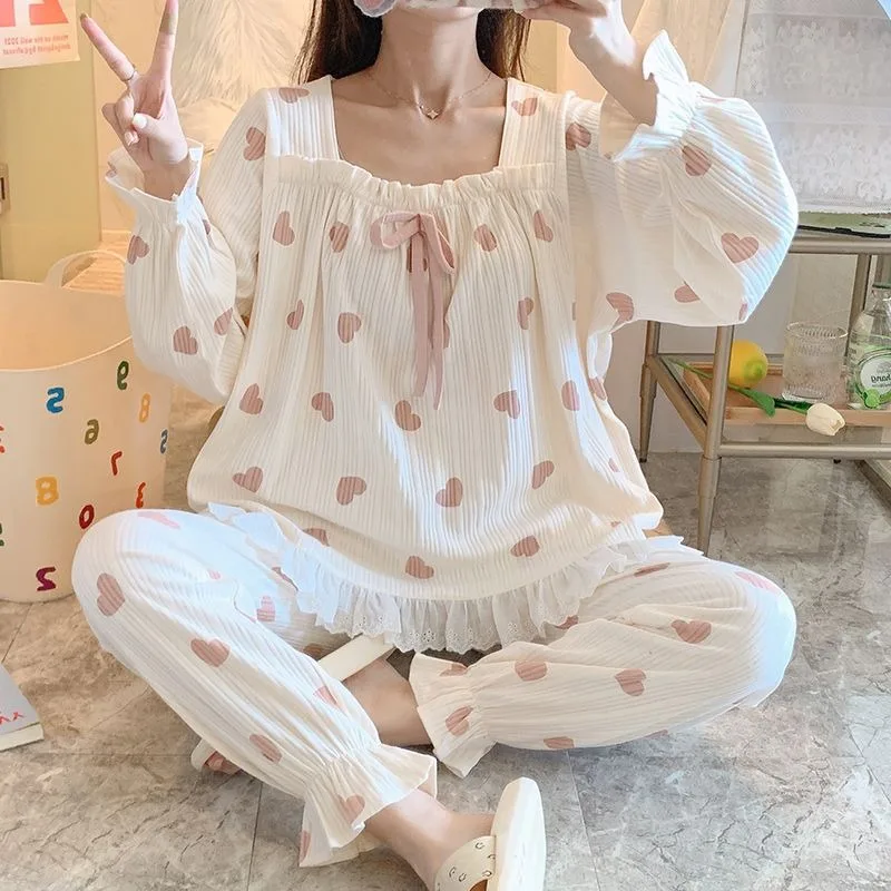 Princess Style Pajamas Women Autumn Winter Loungewear 2024 New Long Sleeved Sleepwear Oversized Square Neck Loose Homewear Set