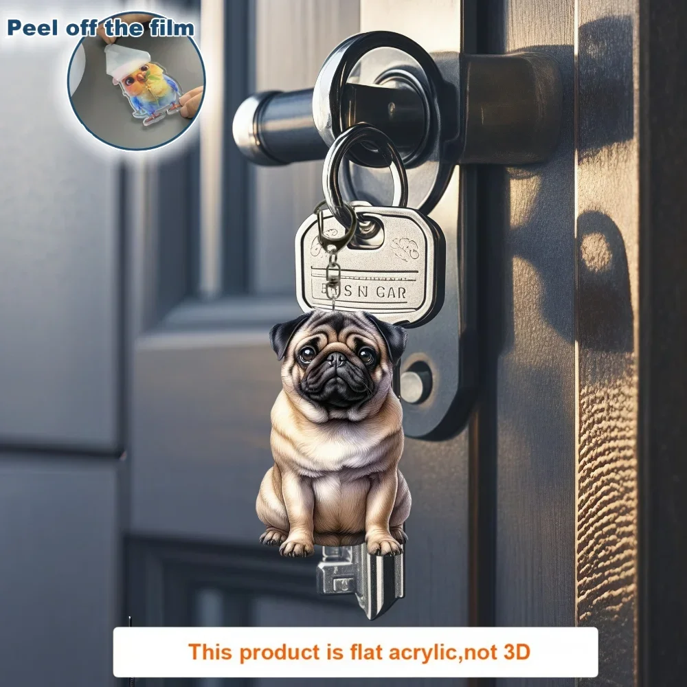 Stylish Sit Pug Dog Pendant Keychain,Cute Pet Puppy Flat 2D Acrylic Hanging Charm,for Car Mirror,Backpack,Festive,Gift & Decor