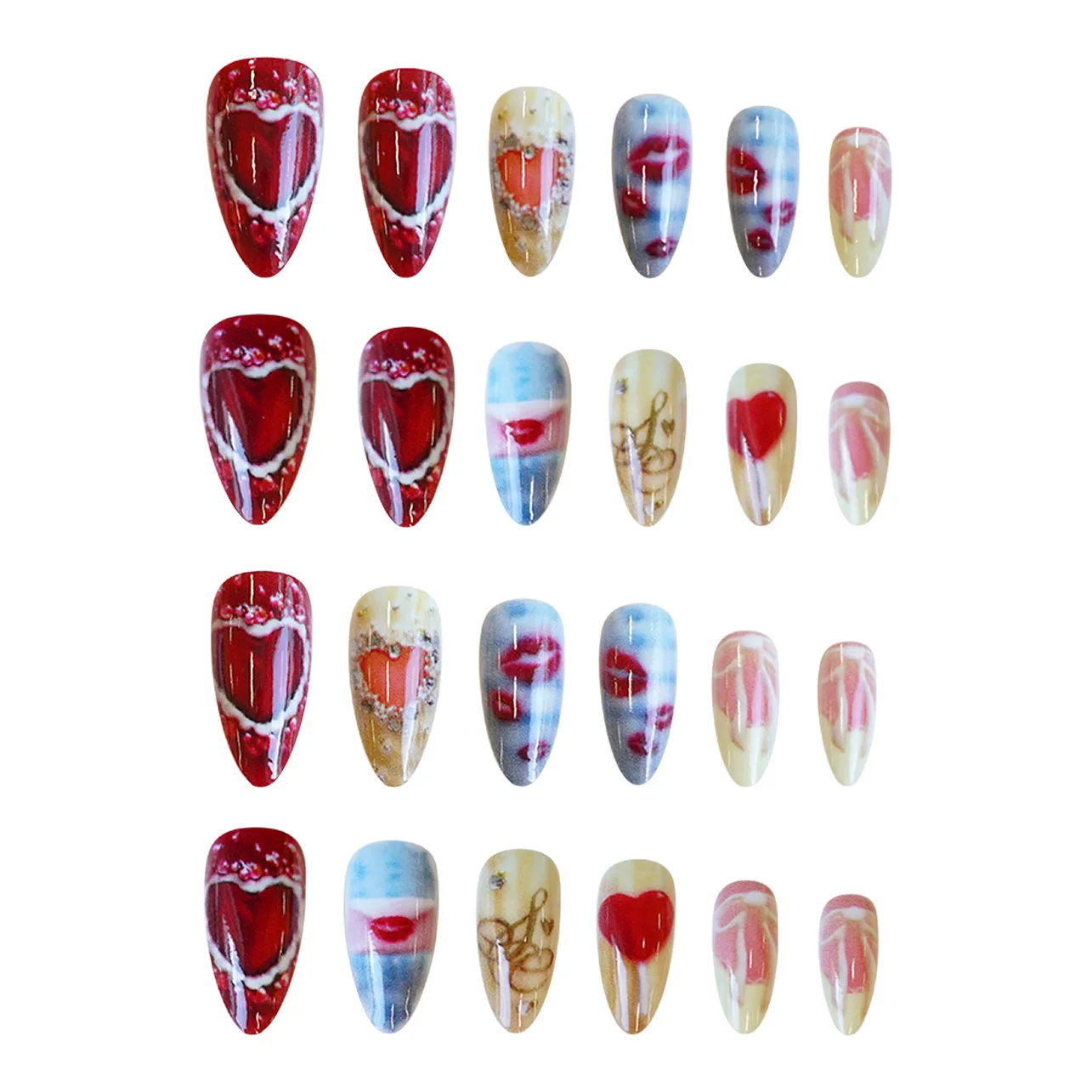 24 pièces battement de coeur lèvres impression presse sur ongles nœuds papillon amour coeur conçoit coloré amande faux ongles épicé fille Valentine faux ongles