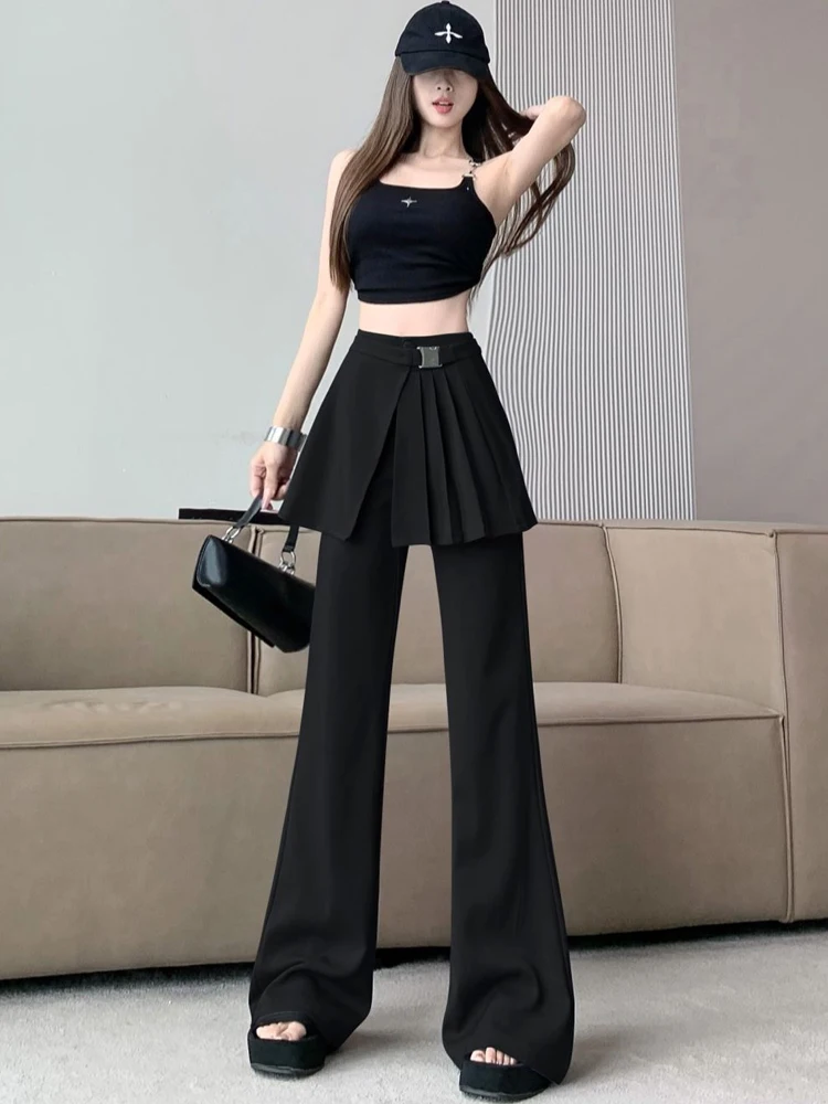 

ay Pleated Overlap Skirt Pants Women's Summer New High Waist Slim Straight Leg Pants Drape Casual Suit Floor-Length Pants