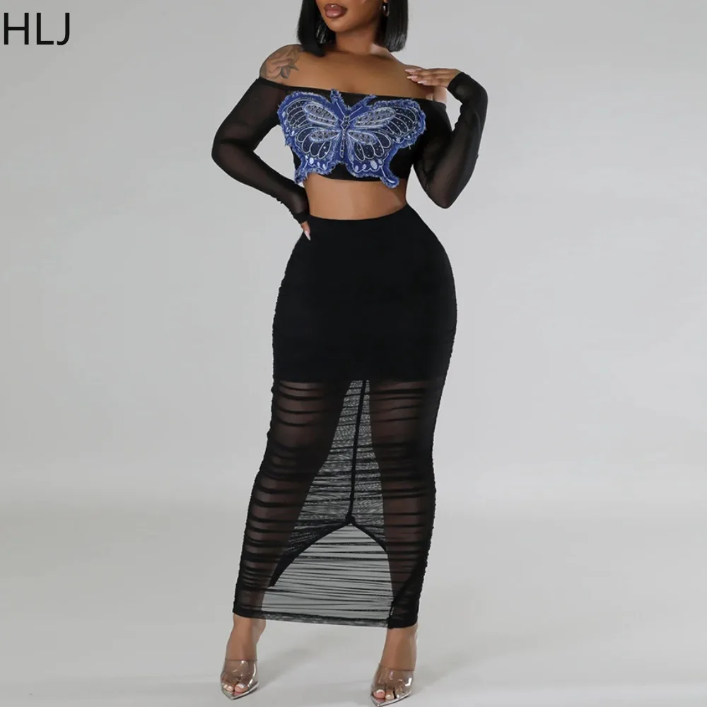 

HLJ Sexy Butterfly Embroidery Perspective Ruched Skirts Two Piece Sets Women Off Shoulder Long Sleeve Crop Top And Skirt Outfits